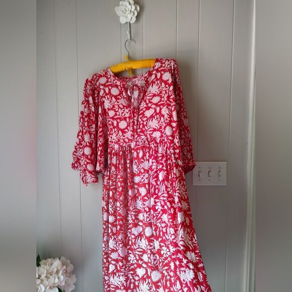 Red White Floral Roomy Thin Comfy Summer Dress Size Large - Picture 3 of 11
